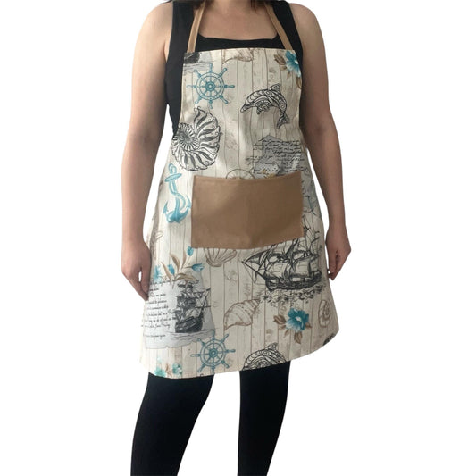 Nautical Print Full Apron with Beige Pocket | Water-Repellent Handmade Cotton Blend Kitchen Apron – Ships, Anchors & Ocean Design