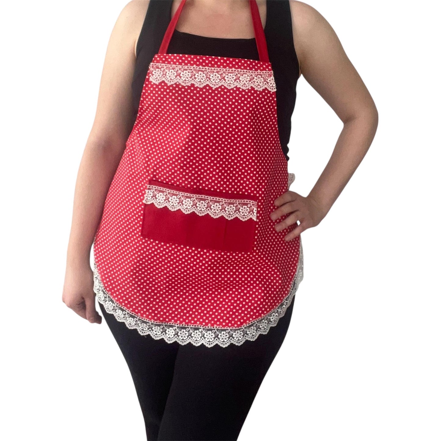 Handmade Red Polka Dot Apron with Lace Trim & Pocket | Romantic Vintage Water-Repellent Kitchen Apron